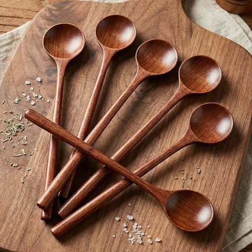 6 Pcs 11 Inch Wooden Spoons Long Handled Wooden Spoons Korean Japanese Style Soup Spoon for Cooking Eating Mixing Stirring Honey Peanut Butter Kitchen Tools Utensils
