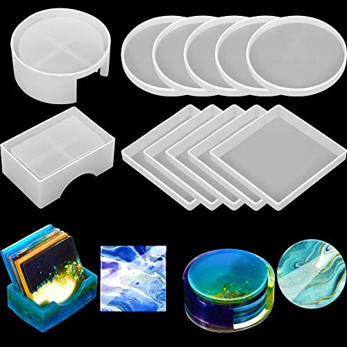 12 Pcs Resin Molds Silicone Kit Epoxy Resin Molds Summer Coaster Mold Storage Box Mold in Rectangle Round Silicone Casting Mould for Art Summer DIY Jewelry Craft Cup Mat Home Decoration