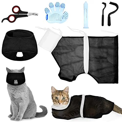 5 Pcs Cat Bathing Bag Set Cat Grooming Bag Adjustable Pet Shower Net Muzzles Nail Clipper Tick Remover Tool Massage Brush