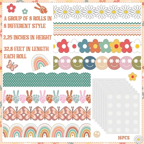 8 Rolls 262.4 ft Retro Groovy Classroom Bulletin Board Borders Decoration Colorful Daisy Flower Rainbow Butterfly Self-Adhesive Border Trim for Hippie Back to School Classroom Office view 3