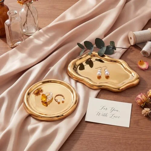 2 Pcs Ceramic Jewelry Cloud Trinket Dish for Women, Gold