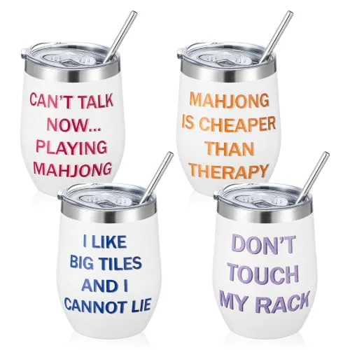 4 Pcs Mahjong Tiles Accessories Tumbler, 12oz Mah Jong Gifts Stainless Steel Tumbler with Lid and Straw, Gifts for Mah Jong Players Lovers Birthday Travel Coffee Mahjongs Cups