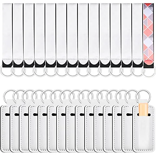 30 Pcs Sublimation Blanks Wristlet Lanyards and Lipstick Holder Keychains Set, Blank Neoprene Wristlet Sublimation Lanyards Strap Keychain Holder for DIY Craft Heat Transfer