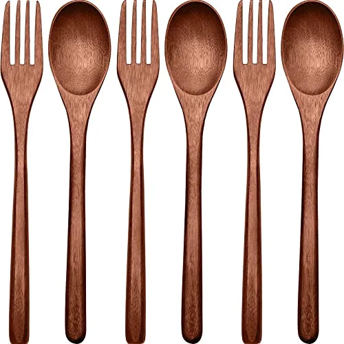 6 Pieces Wooden Spoons Forks Set Wooden Utensils for Eating Wood Dinner Utensil Set Reusable Flatware Tableware Handmade Natural Cutlery Includes Spoon Fork for Cooking Eating Kitchen