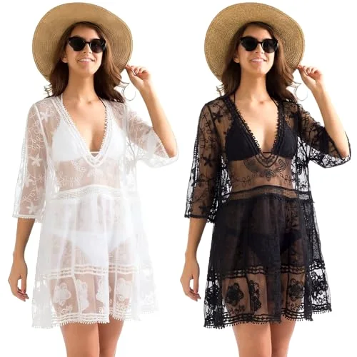 2 Pcs Lace Beach Cover up for Women Swimsuit Coverup Bathing Suit Cover up Black White for Poolside Seaside Party