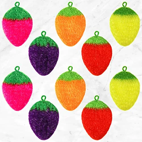 10 Pieces Strawberry Colorful Scrubber Cute Multiuse Dish Scrubber Non Scratch Dish Sponge Strawberry Kitchen Decor Washcloth for Summer Christmas Scrubbing Dishwash Bathroom Floor