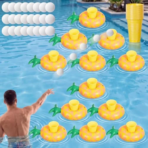 12 Sets Pineapple Pool Toss Games Toys, Include 12 Inflatable Pineapple Cup Holders 24 7 oz Plastic Cups 24 EVA Balls, Water Toss Float Toys for Summer Beach Swimming Pool Party Favors