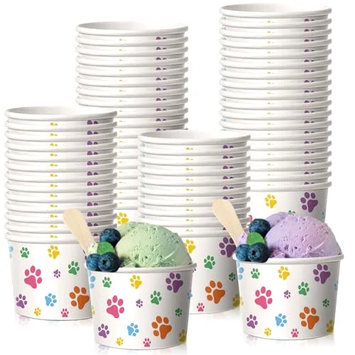 50 Count 8 oz Paw Print Ice Cream Cups Bulk Paper Pup Cups Disposable Dog Bowls Dog Paw Print Dessert Bowls for Doggie Puppy Pet Dogs Theme Party Whip Ice Cream Snack Treat Food