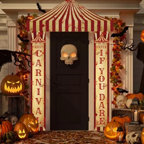 Halloween Carnival Circus Party Decorations Scary Circus Halloween Door Cover Decoration Carnival Theme Porch Banner Creepy Carnival Tent for Festival Wall Hanging Yard Sign