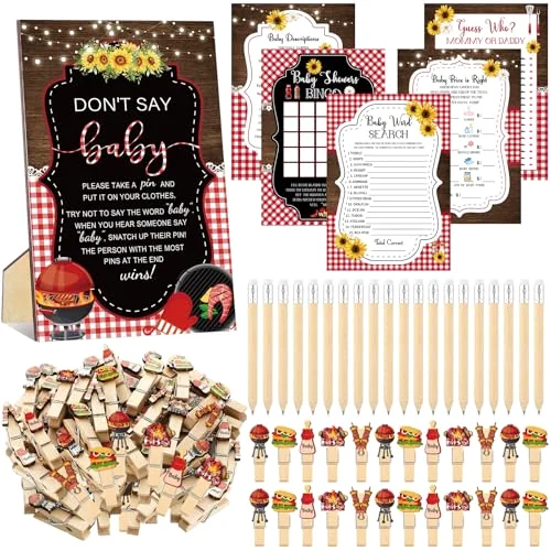 321 Pcs BBQ Themed Baby Shower Supplies for Girl or Boy 5 Set Include 50 Activity Cards 20 Pencils 1 Don't Say Baby Sign 50 Clothespins for Price Is Right Prediction Bingo Game Party Decor
