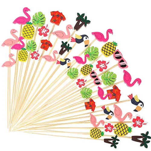 300 Pcs Luau Cocktail Picks Tropical Bamboo Toothpicks Flamingo