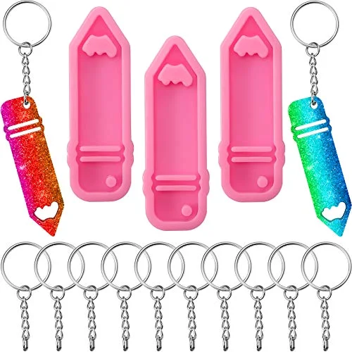 3 Pieces Pencil Shape Silicone Keychain Mold Pencil Keychain Pendant Polymer Clay Mold Chocolate Fondant Clay Moulds 10 Pieces Key Rings with Chains for Back to School DIY Decoration, Pink