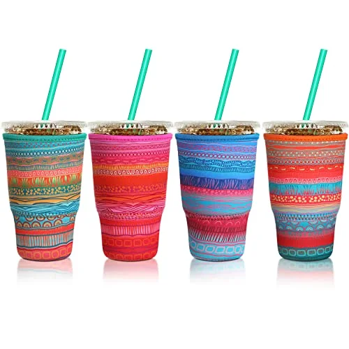 4 Pack Reusable Iced Coffee Insulator Sleeve, Neoprene Coffee Cup Holder for Iced Hot Drinks, Beverage Holder for Most Drinks