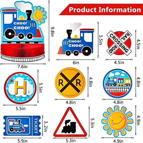 Train Birthday Party Banner Decorations Set, Happy Birthday Banner Railroad Steam Train Honeycomb Centerpiece, 6 Hanging Swirl Decoration for Baby Shower Transportation Vehicle Party Garland Supplies view 2