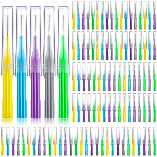 100 Interdental Brush Set, Light Blue, Yellow, Gray, Purple, Green