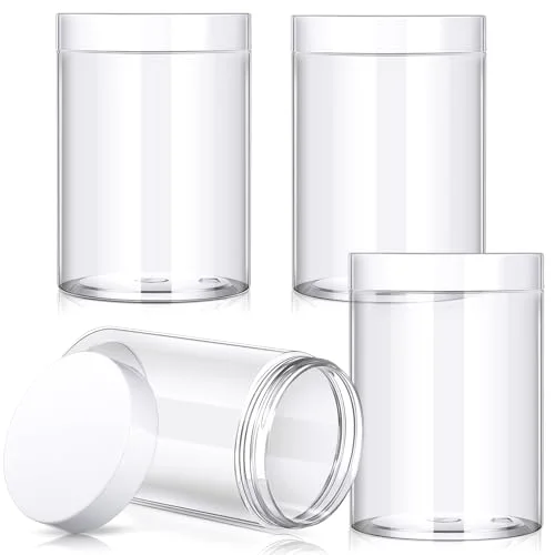 4 Pcs Plastic Jars Wide Mouth with Lids,12 Ounce,White