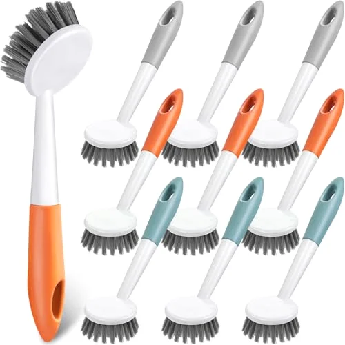 12 Pack Kitchen Scrub Dish Brush with Long Handle Dish Scrubber with Stiff Bristles Scrub Brushes for Kitchen Dishes Washing Tools, Pots, Pans and Sink Cleaning