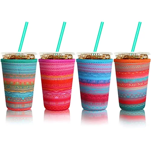 4 Pack Reusable Iced Coffee Insulator Sleeve, Neoprene Coffee Cup Holder for Iced Hot Drinks, Beverage Holder for Most Drinks