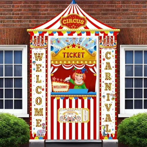 4 Pcs Carnival Circus Party Decorations Photo Booth Backdrop Welcome Door Cover Carnival Circus Theme Birthday Photography Props Background Banner Party Supplies Decor