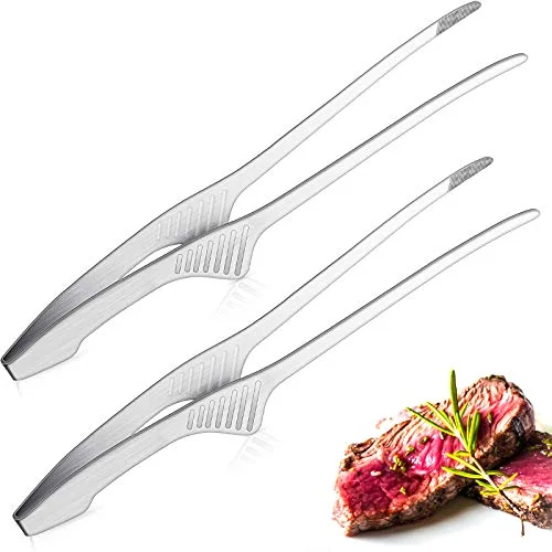 2 Pieces Korean and Japanese BBQ Tongs Non Slip Cooking Utensils Stainless Steel Tongs for Serving Food, Salad, Camping, Barbecue, Buffet, Oven with Support Stand