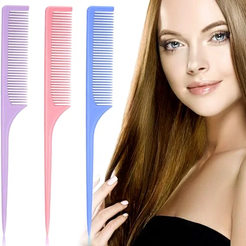 3 Pieces Plastic Rat Tail Comb Pintail Fiber Teasing 9 Inch Styling Comb with Thin and Long Handle for Men Women Salon Home Supplies