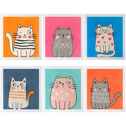 6 Pack Swedish Dishcloth Cute Cat Dish Cloth