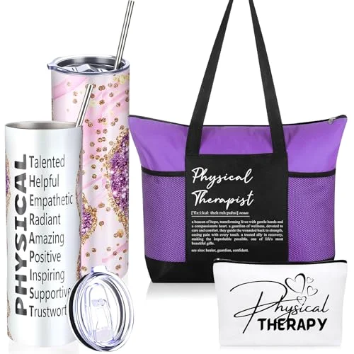 3 Pcs Physical Therapist Appreciation Gift Set for Women 20 oz Stainless Steel Tumbler with Straw Brush Canvas Cosmetic Bag Tote Bag for Staff Colleagues Nurse Mother's Day