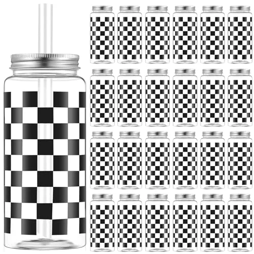 24 Pack Race Car Cups 13.5 oz Plastic Tumbler with Lid and Straw Checkered Flag Party Supplies Clear Black Plaid Cups for Race Car Birthday Sports Themed Party Supplies