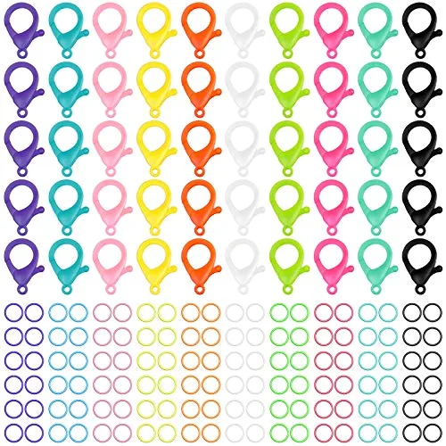 Multicolor Hard Plastic Clips Plastic Lobster Claw Clasps and Open Jump Rings, Cute Lanyard Snap Hooks for Key Chain Ring DIY Handmade Crafts Chain Clasp