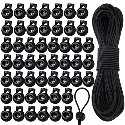 50 Pieces Cord Locks Spring Toggles Stoppers Plastic Single Hole End Stopper Slider and 1/8 Inch 66 Feet Elastic Bungee Cord for Drawstring Shoelaces Clothing Bags