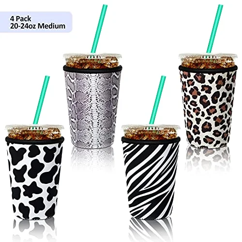 4 Pack Reusable Iced Coffee Insulator Sleeve, Neoprene Coffee Cup Holder for Iced Hot Drinks, Beverage Holder for Most Drinks view 2
