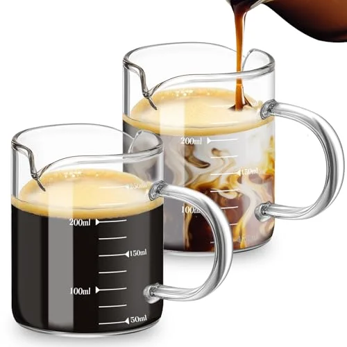 2 Pcs 8oz/250ml Espresso Cups, Glass Measuring Cups with Double Spouts & Handle, Scale Espresso Shot Glass Milk Frothing Cup Coffee Accessories for Machines, Milk Frother, and Bars