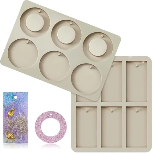 2 Pcs Silicone Molds for Wax Melts Christmas Resin Keychain Mold Round Rectangular Epoxy Casting Jewelry Making with Hanging Holes for DIY Pendant Necklace Keychain Handicrafts Crafts Making