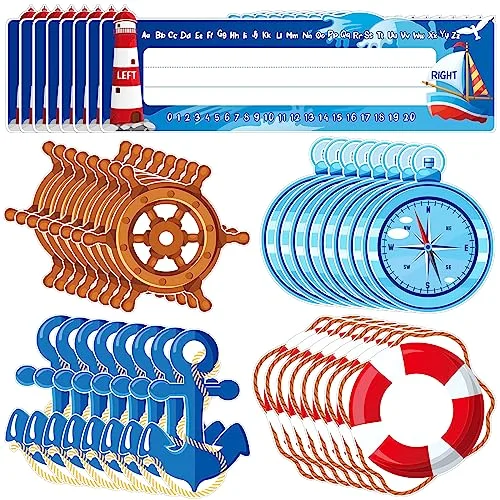 64 Pieces Nautical Theme Nameplates and Sailing Paper Cutouts Set with Glue Point Dots Name Tags Classroom Name Tags Nautical Bulletin Board Border for Teacher Kindergarten Office Decorations