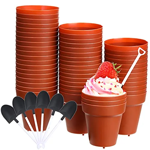 50 Pack Flower Pot Dessert Cups with Shovel Spoons Plastic Cake Desserts Cups for Farmers Market Construction Birthday Party Baking Supplies, Ice Cream, Cupcakes, Yogurt, Pudding