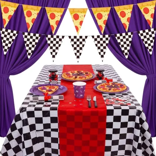 4 Pcs Horror Night Birthday Party Decoration Black and White Checkered Tablecloth with Red Satin Table Runner Pizza Pennant Banner Flag Video Game Bunting Garland for Spooky Creepy Bear Party