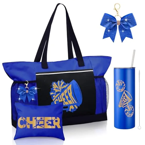 4 Pcs Cheerleader Gifts Set Cheer Tote Bag 20 oz Tumbler Women Makeup Bag Keychain Stuff Accessories for Cheerleader