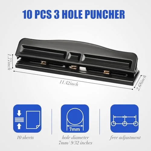 10 Pcs 3 Hole Punch 3 Ring Hole Puncher for Binder 10 Sheet Adjustable Paper Punch Metal Desktop Puncher for Office Home, Black view 2