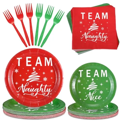 120 Pcs Christmas Party Supplies Paper Plates and Napkins Disposable Dinnerware Set 48 Team Naughty and Team Nice Plates 48 Napkins 24 Plastic Forks for Christmas Xmas Birthday Party