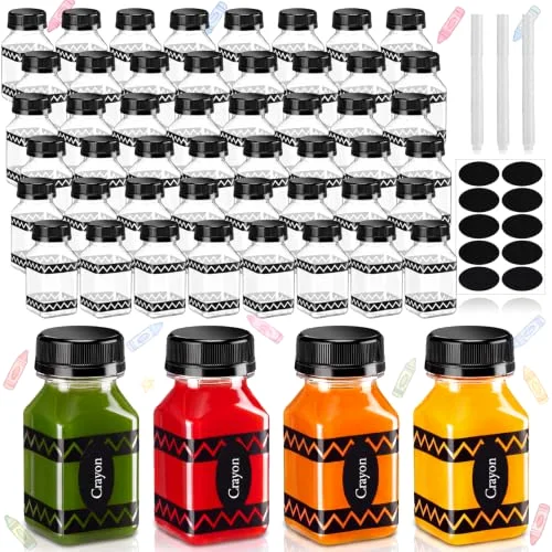 50 Pcs Back to School Juice Bottles with Cap, 4 oz Crayon Plastic Juice Bottles with Label, Mini Reusable Containers with Caps for Juices Beverage First Day of School Gift Party Supplies