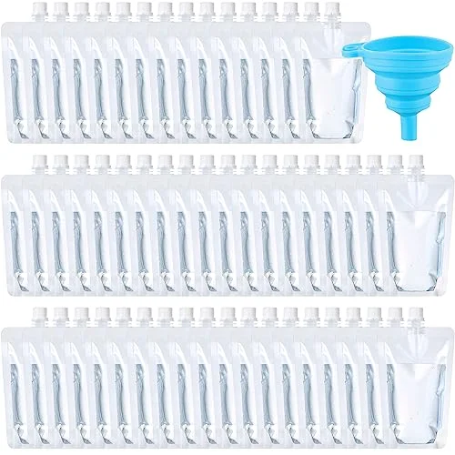 300 Pieces Plastic Liquid Pouch Reusable Juice Pouches Travel Water Leak Proof Bags Bulk with Collapsible Silicone Funnel for Travel Outdoor