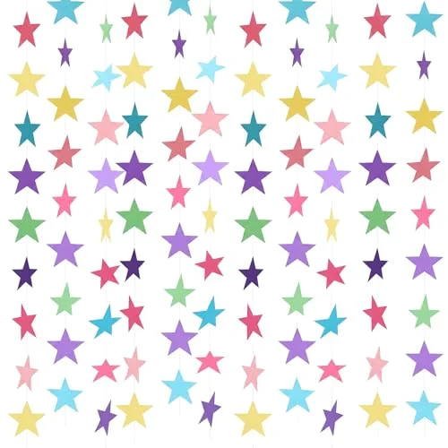 Macaron Color Glitter Star Garland Banner 2026 New Years Decor 130 Feet Rainbow Candy Themed Star Hanging Banner Twinkle Backdrop for Baby Shower Easter Birthday Classroom Party Supplies