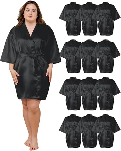 12 Pcs Women's Plus Size Satin Robes Bridesmaids Robes Kimono Sleepwear Short Silk Bathrobe for Wedding Party Bridal Shower Dressing Gown, 3XL