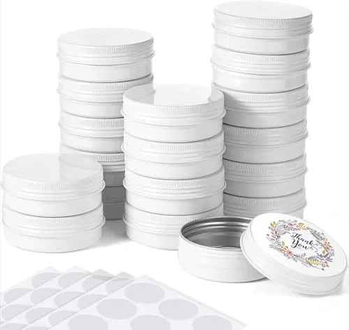 120 Pcs White 2 oz Metal Round Tins Salve Tins with Screw Lid Metal Jars Cans Containers 20 Sheets Stickers for Wedding Party Gift Candle Making DIY Salve Spice Candies Balms
