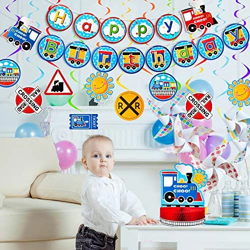 Train Birthday Party Banner Decorations Set, Happy Birthday Banner Railroad Steam Train Honeycomb Centerpiece, 6 Hanging Swirl Decoration for Baby Shower Transportation Vehicle Party Garland Supplies view 4