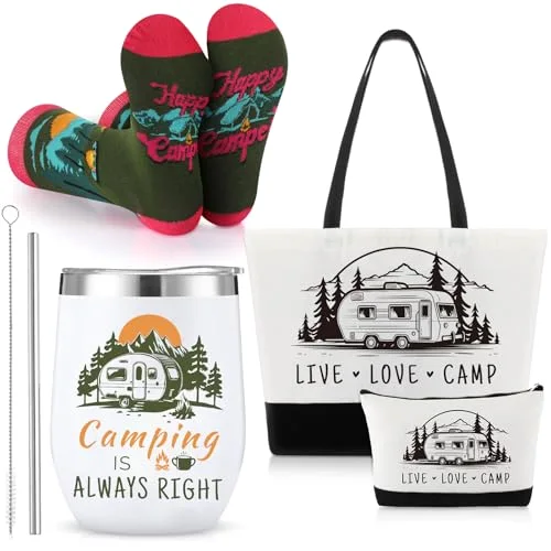4 Pcs Camping Gift Set Canvas Tote Bag 12 oz Stainless Steel Tumblers Socks Travel Makeup Bag Outdoor Gifts for Women Men Picnics Hiking
