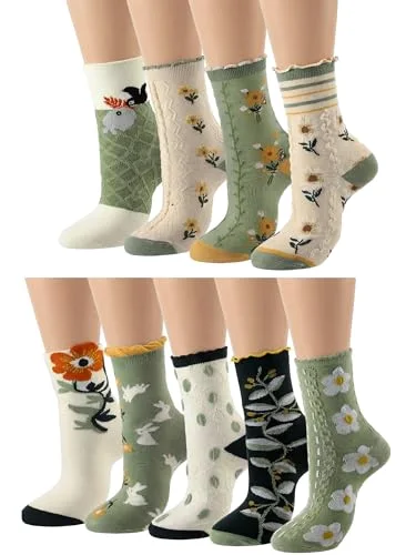 9 Pairs Cute Floral Socks Women Bow Ankle Crew Socks with Ruffle Tulip Flower Cottagecore Frilly Cotton Knitted Gifts