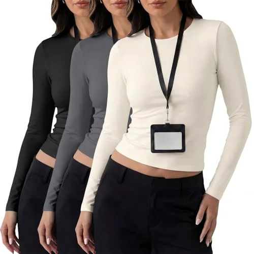 3 Pack Underscrub Long Sleeve Women,Black, Dark Gray, Beige,Large