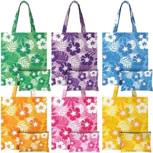 6 Sets Hawaiian Canvas Tote Bags with Hibiscus Flower Makeup Bags