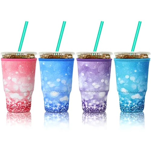 4 Pack Reusable Iced Coffee Insulator Sleeve, Neoprene Coffee Cup Holder for Iced Hot Drinks, Beverage Holder for Most Drinks